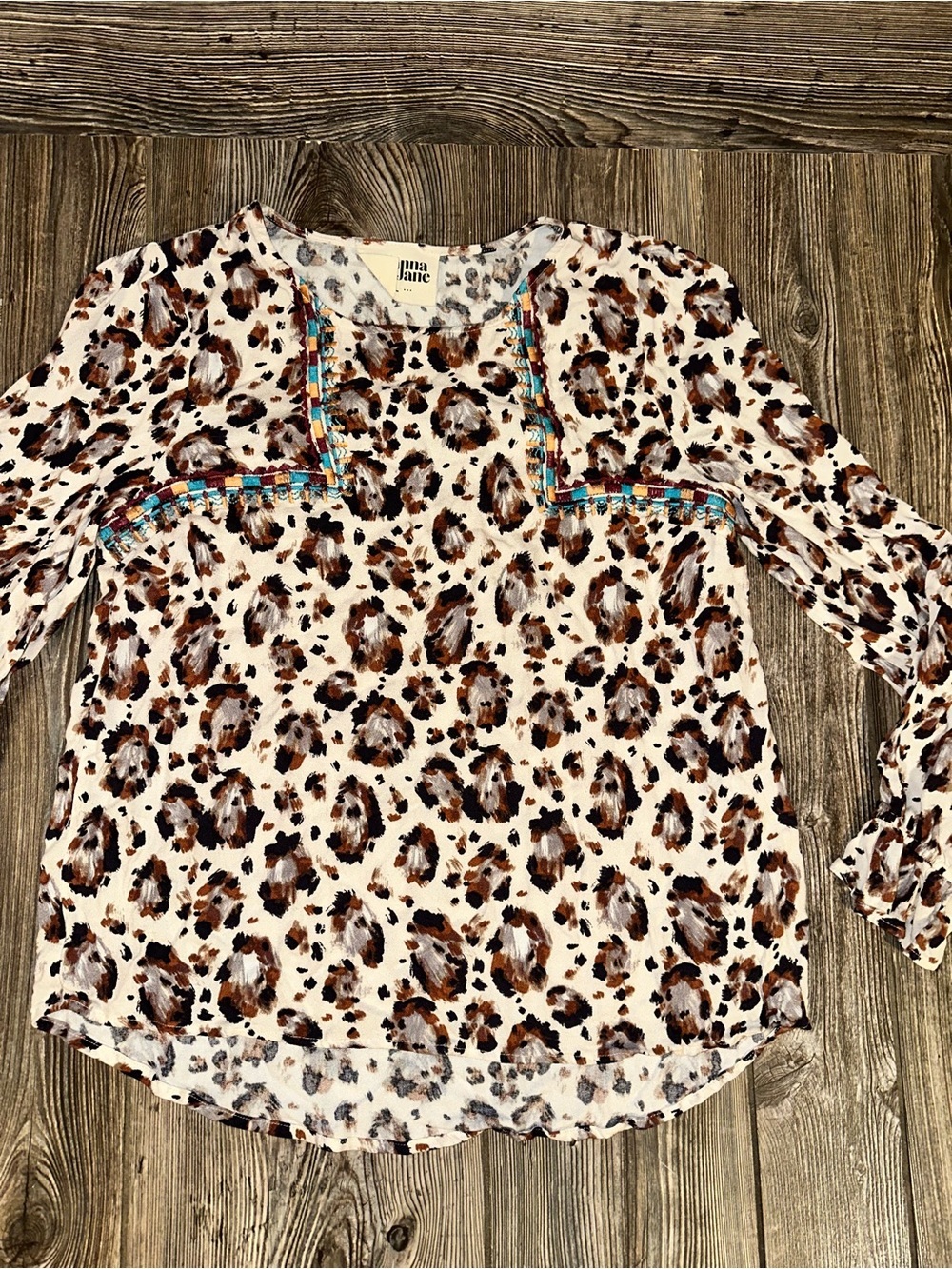 Savanna Jane Cream Leopard Print Blouse with Turquoise Trim Balloon Sleeves L